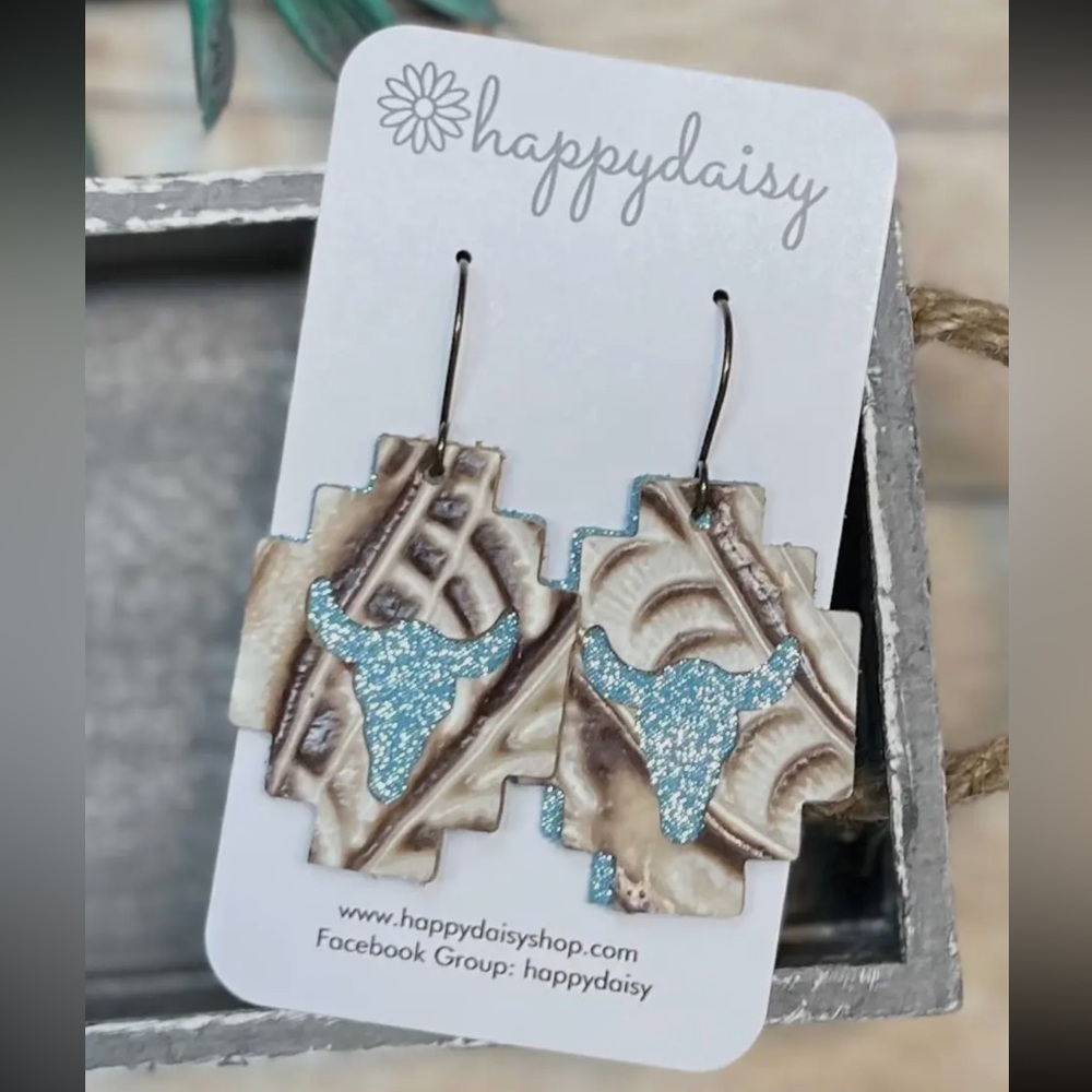 Southwestern Aztec Steer Turquoise and Brown Layered Earrings